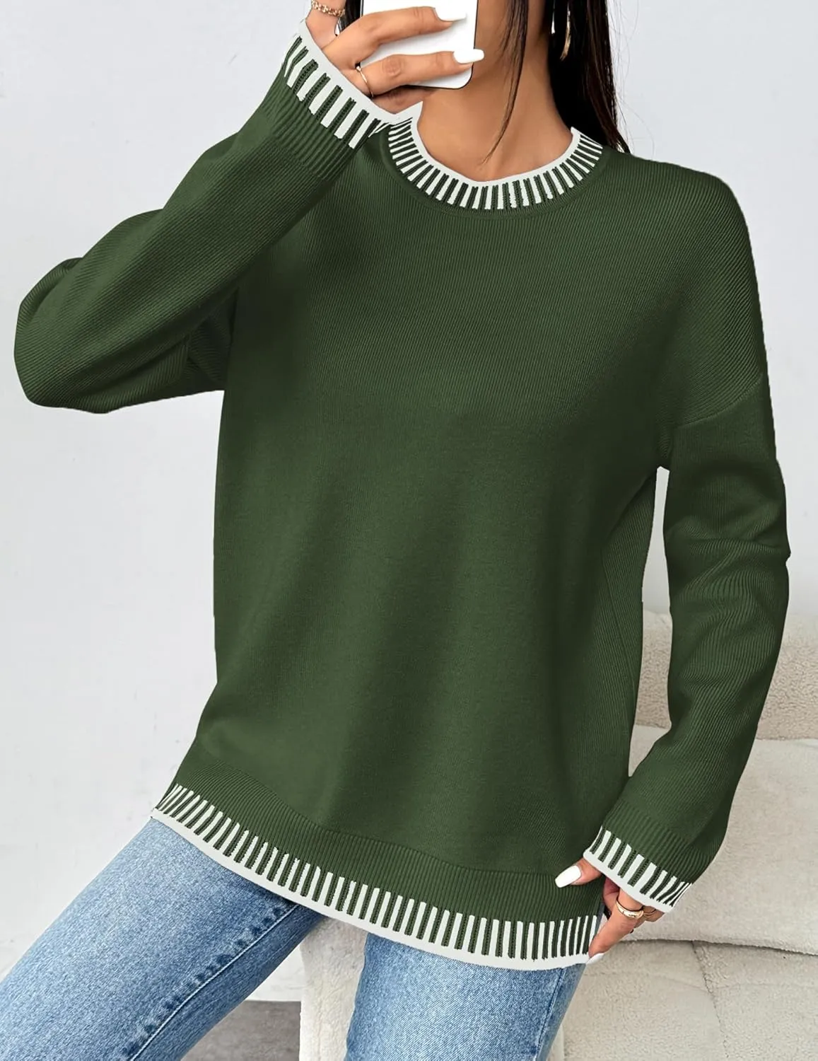 Zeagoo Womens Crewneck Pullover Sweater Long Sleeve Knit Side Slit 2024 Fall Winter Sweater Tops