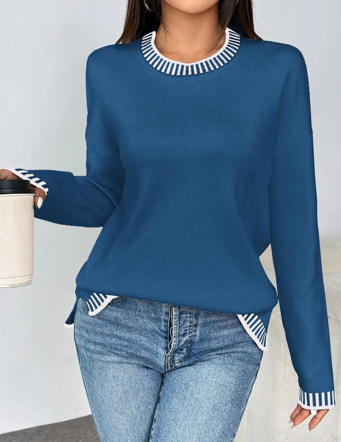 Zeagoo Womens Crewneck Pullover Sweater Long Sleeve Knit Side Slit 2024 Fall Winter Sweater Tops