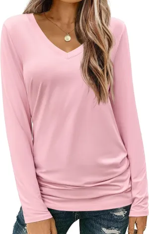 Zeagoo Womens T Shirts Long Sleeve V Neck Basic Tee Soft Casual Loose Fit Fall Tops Outfits 2025