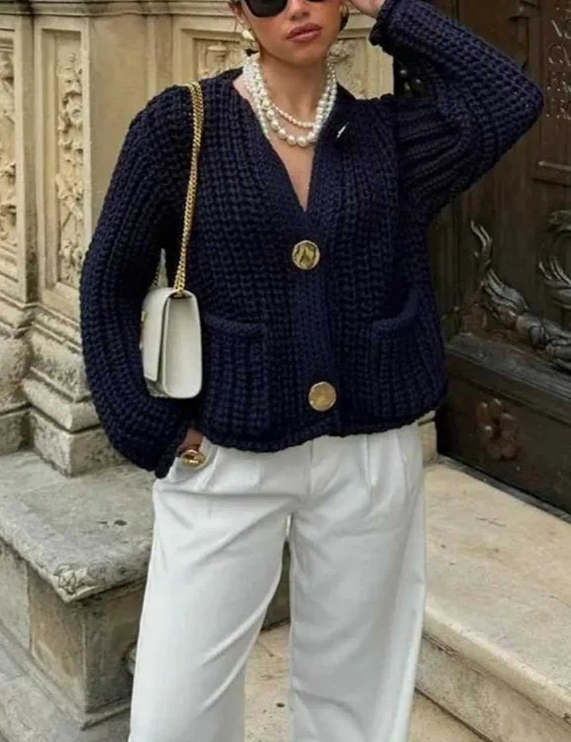 Zhiyouni Women's Cropped Cardigan Sweater Long Sleeves Button Down Chunky Knitted Coat