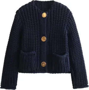 Zhiyouni Women's Cropped Cardigan Sweater Long Sleeves Button Down Chunky Knitted Coat
